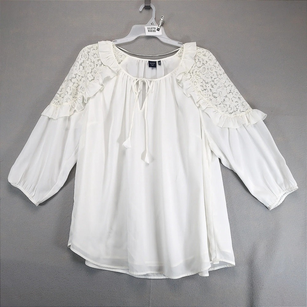 Kaari Blue Lace Ruffle Peasant Tunic Blouse Womens 3X Tassel‎ Tie Boho Coquette